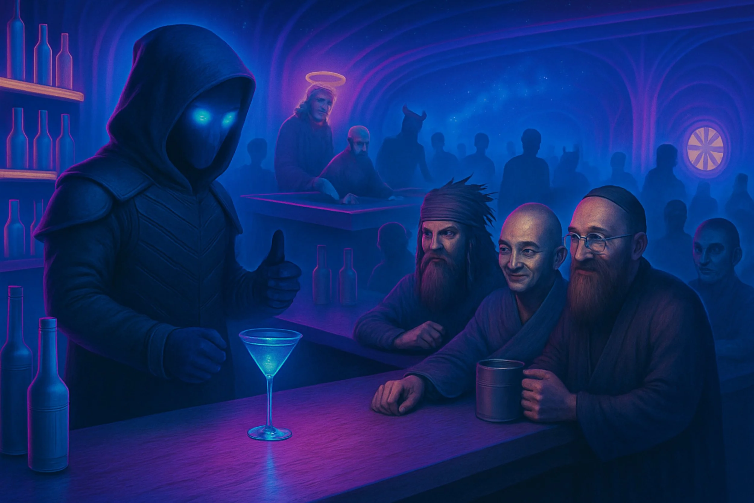 People at a nightclub with colorful neon lights, some dressed as fantasy characters like a Viking and a demon, engaging with a person in a dark hoodie with glowing eyes.