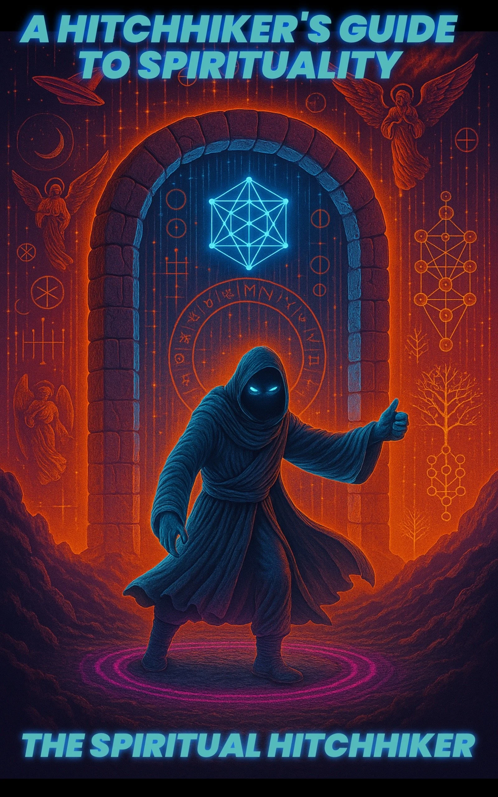 Cover art for a book titled "A Hitchhiker's Guide to Spirituality" and "The Spiritual Hitchhiker." It features a mysterious hooded figure with glowing eyes giving a thumbs-up, standing in front of glowing mystical symbols, geometric shapes, and celestial icons against a fiery background.