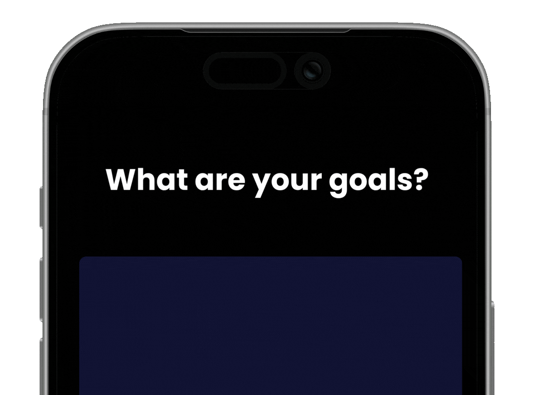 Smartphone screen displaying the question "What are your goals?" with a dark background and input box.