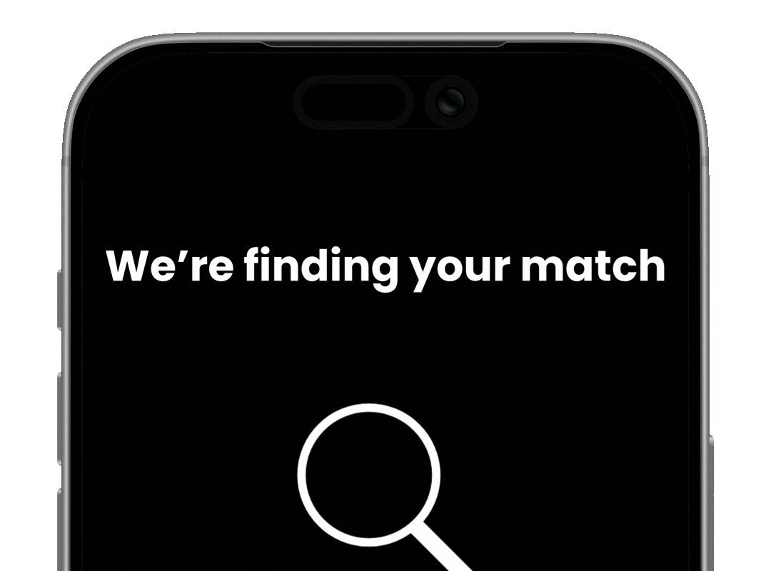 Smartphone screen displaying a dating app message, 'We're finding your match,' with a magnifying glass icon in the center.