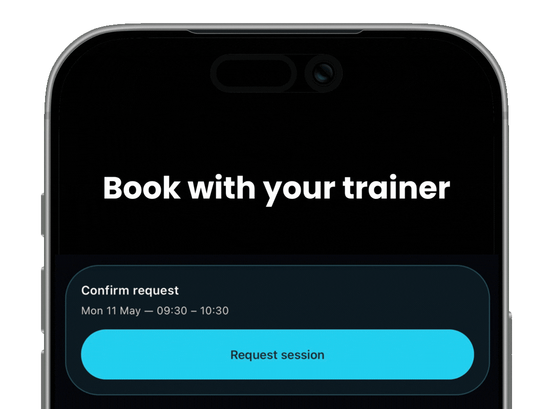 Mobile app screen for booking training sessions, showing a confirmed request for May 11, 9:30 to 10:30, with a blue button labeled 'Request session'.