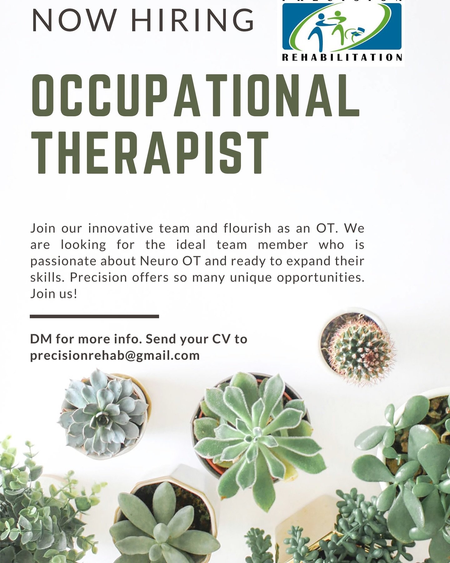 ✨𝐖𝐄 𝐀𝐑𝐄 𝐇𝐈𝐑𝐈𝐍𝐆! ✨

We are in search of an occupational therapist interested in joining our OT department! If you are passionate about neuro OT and think you&rsquo;d be a good fit, please reach out to our team via email precisionrehab@gmail