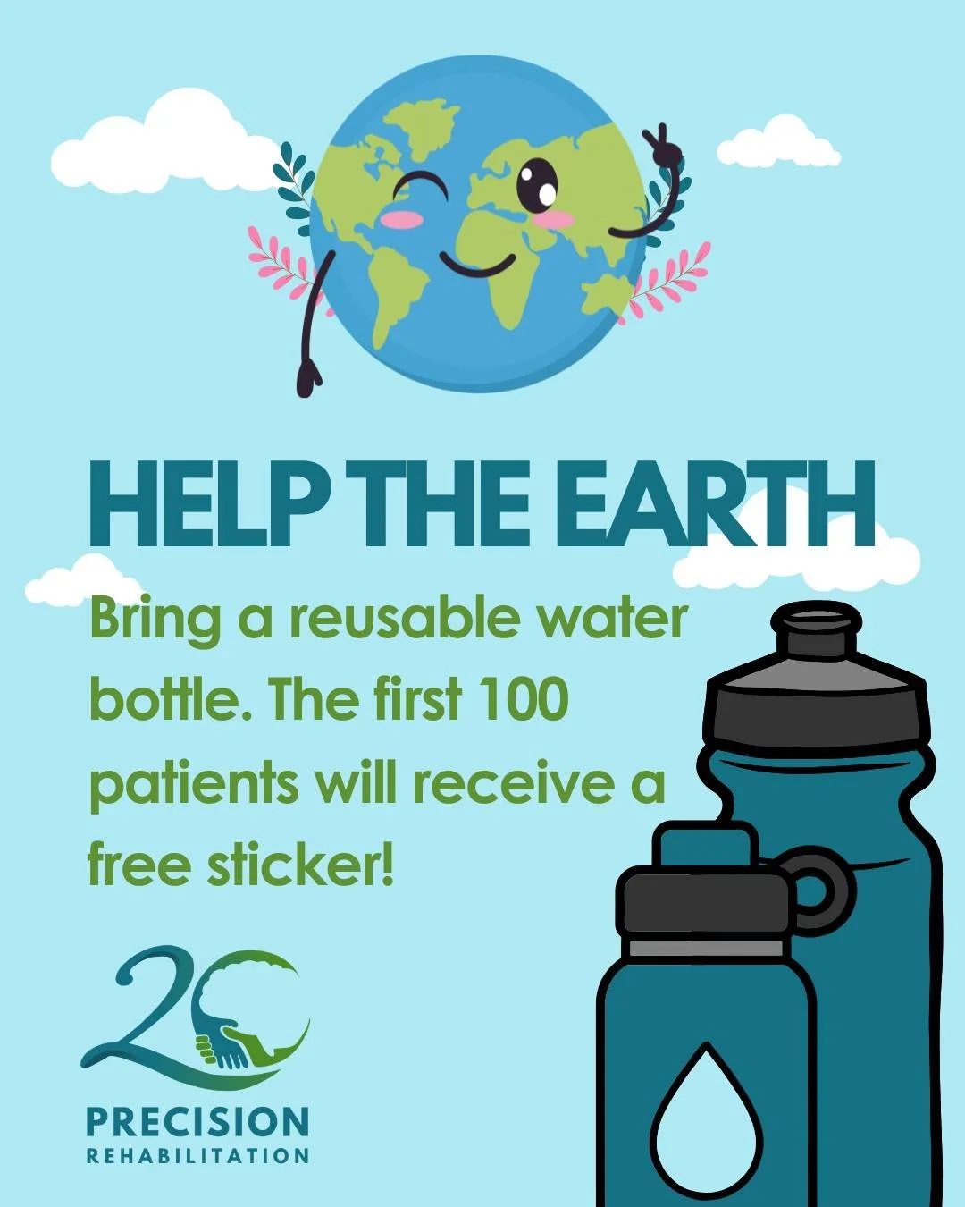 𝐇𝐞𝐥𝐩 𝐏𝐫𝐞𝐜𝐢𝐬𝐢𝐨𝐧 𝐑𝐞𝐡𝐚𝐛 𝐛𝐞 𝐦𝐨𝐫𝐞 𝐄𝐜𝐨-𝐅𝐫𝐢𝐞𝐧𝐝𝐥𝐲!
We care about the environment at Precision Rehabilitation. Help us reduce our waste by bringing a reusable water bottle each session. The first 100 patients to show the fro
