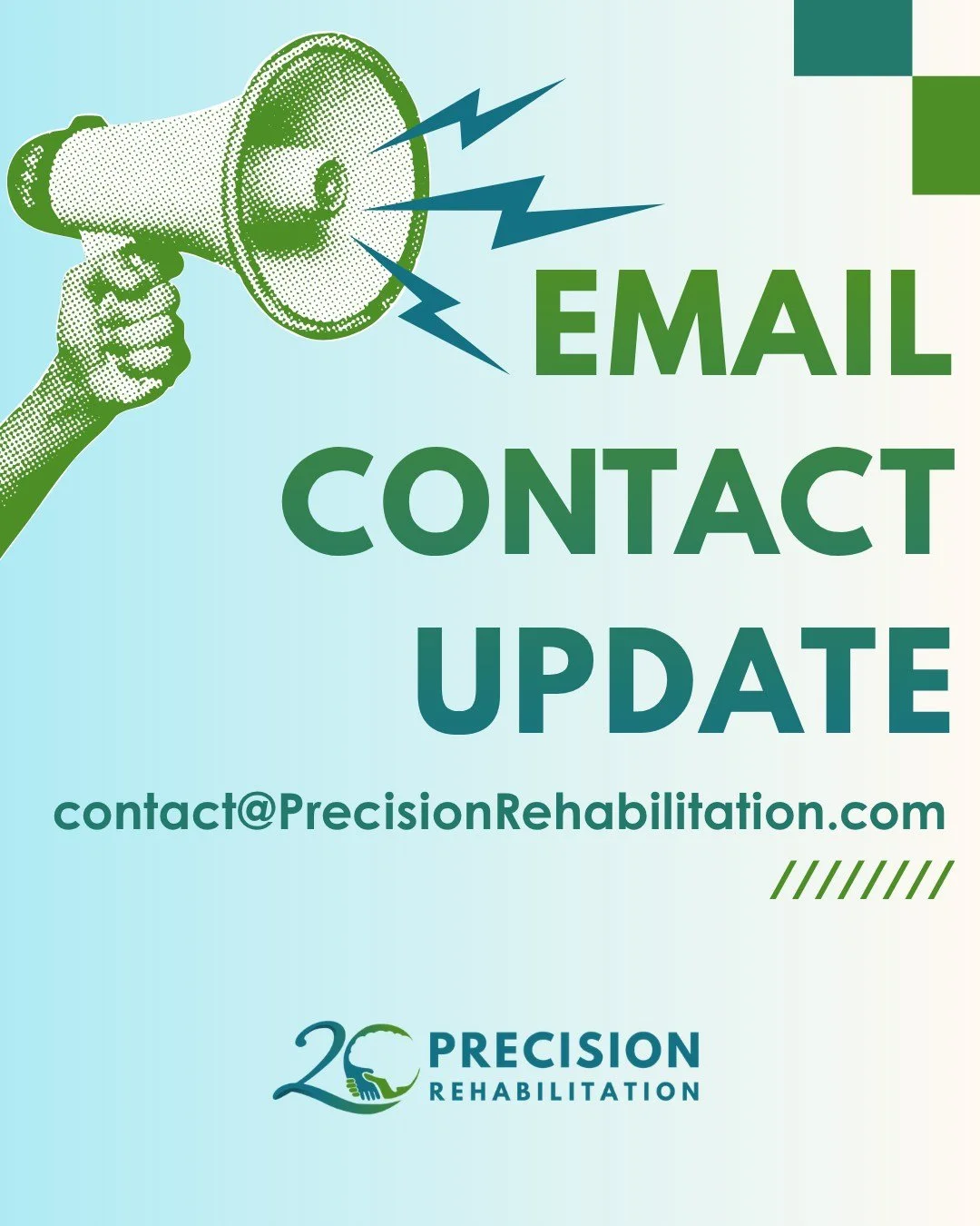 𝐎𝐔𝐑 𝐍𝐄𝐖 𝐄𝐌𝐀𝐈𝐋 📧

Beginning today, our email has transitioned to contact@precisionrehabilitation.com. Please reach out to us via DM if you have any questions.