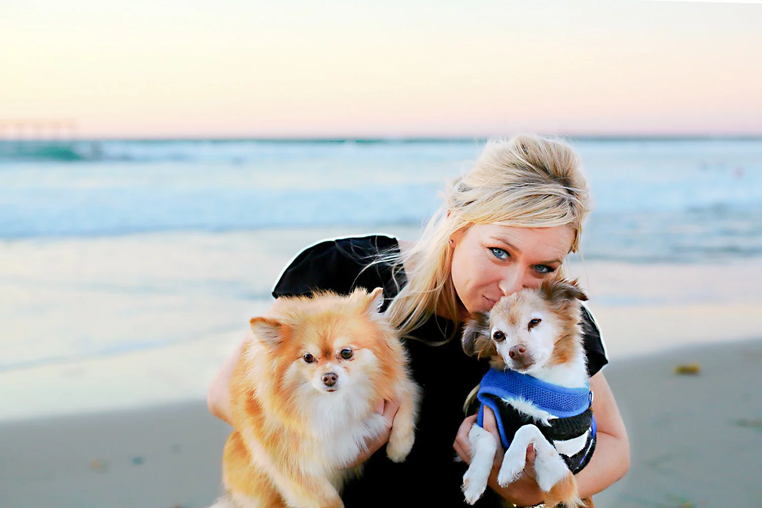 A woman with blonde hair holding two small dogs on a beach with ocean waves and a colorful sky in the background.