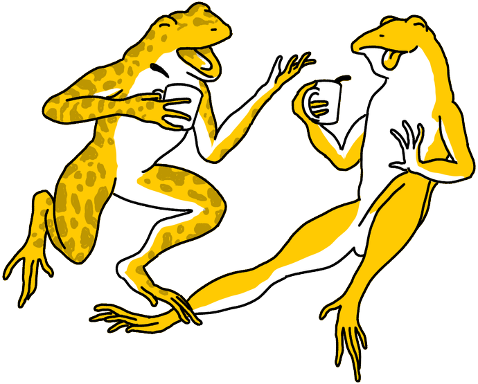 Two happy frogs having coffee