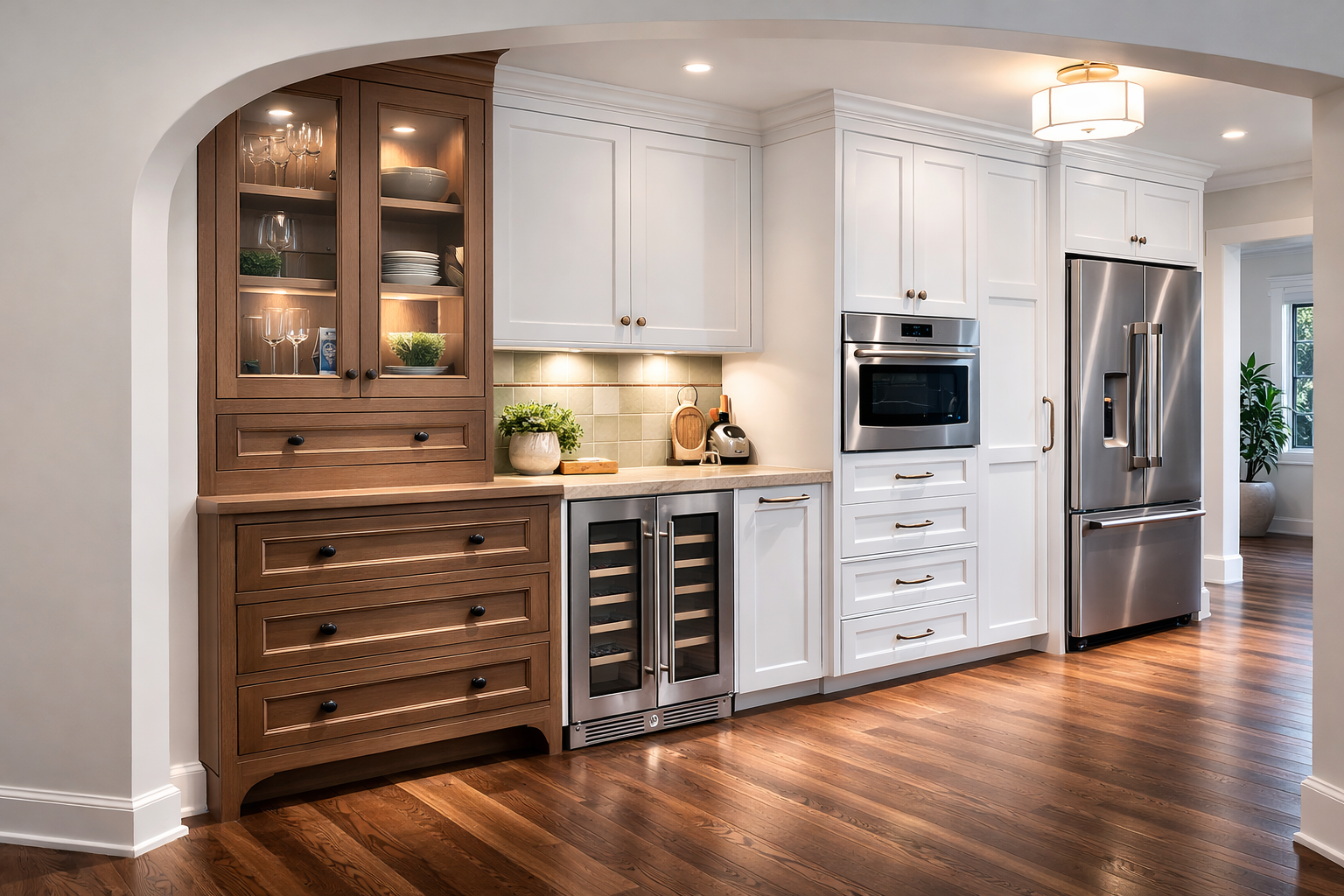 White Paint | Recessed Panel Door | Frameless | Cherry Accent Piece