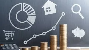 Stacked gold coins increasing in height with financial icons and a growth chart on a black background