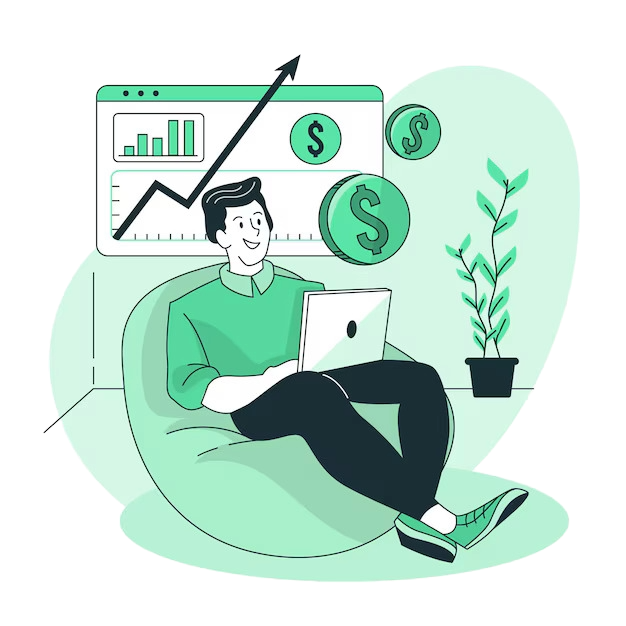 Illustration of a person sitting on a bean bag with a laptop, surrounded by financial and growth charts, dollar signs, and a potted plant, representing financial growth and success.