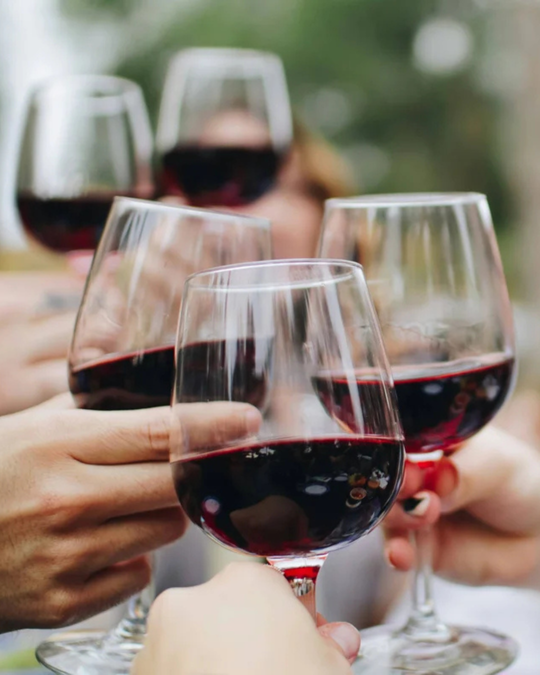 Four people clinking glasses of red wine during a toast, with a blurred background.
