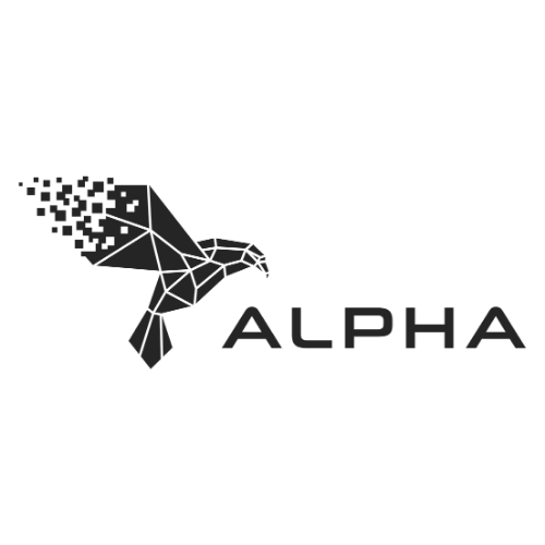 Alpha school logo in black, with a digital-styled bird to the left of ALPHA.