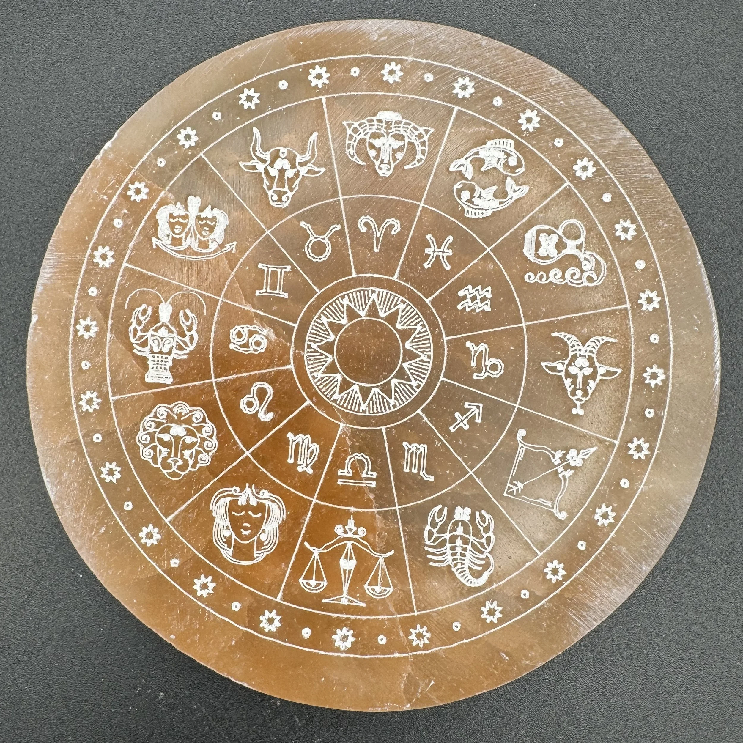 Peach Selenite Satin Spar Circular Zodiac Plate