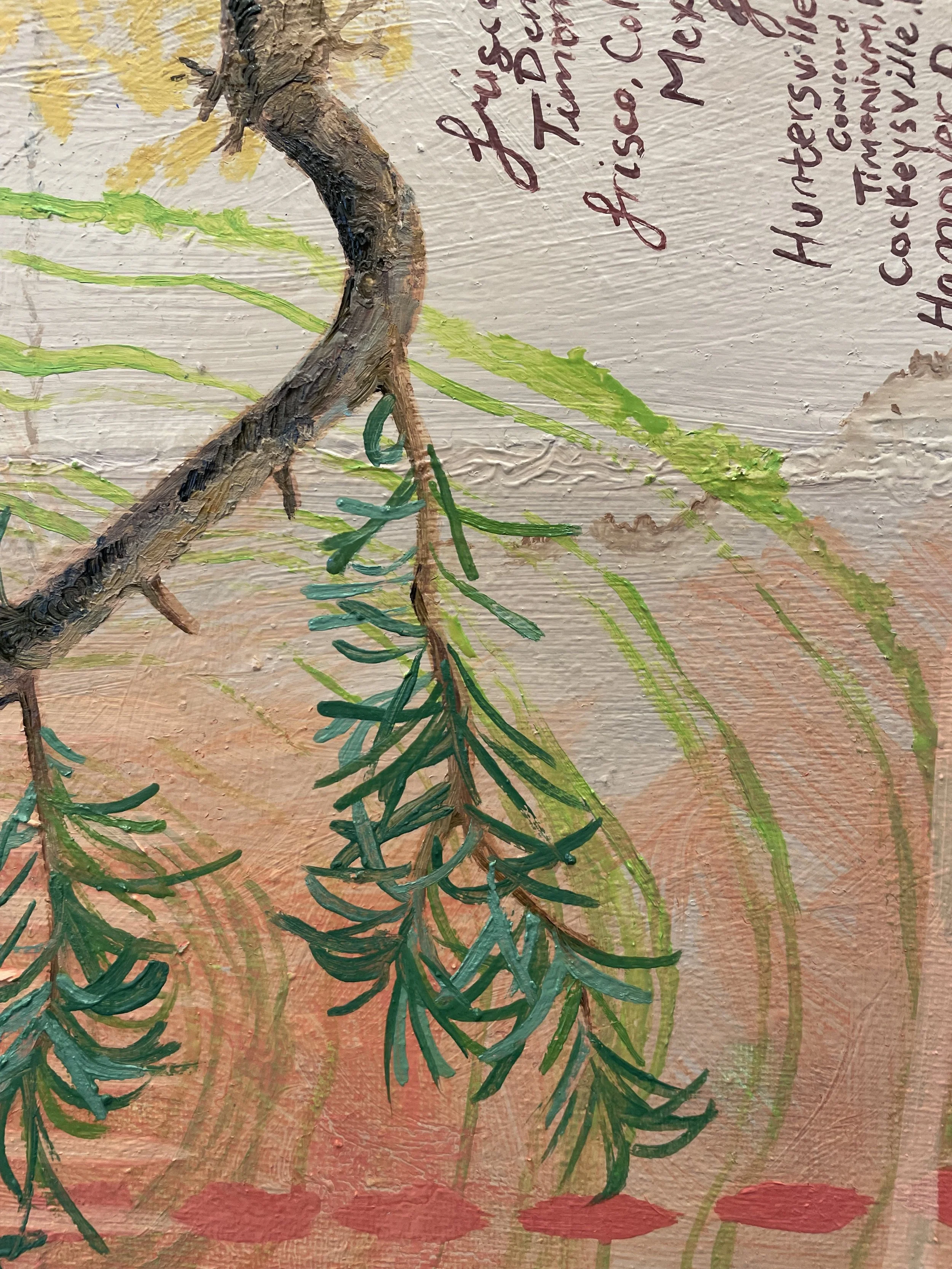 Close-up of a painted botanical illustration showing a branch with green needle-like leaves, with handwritten notes in purple ink in the background.