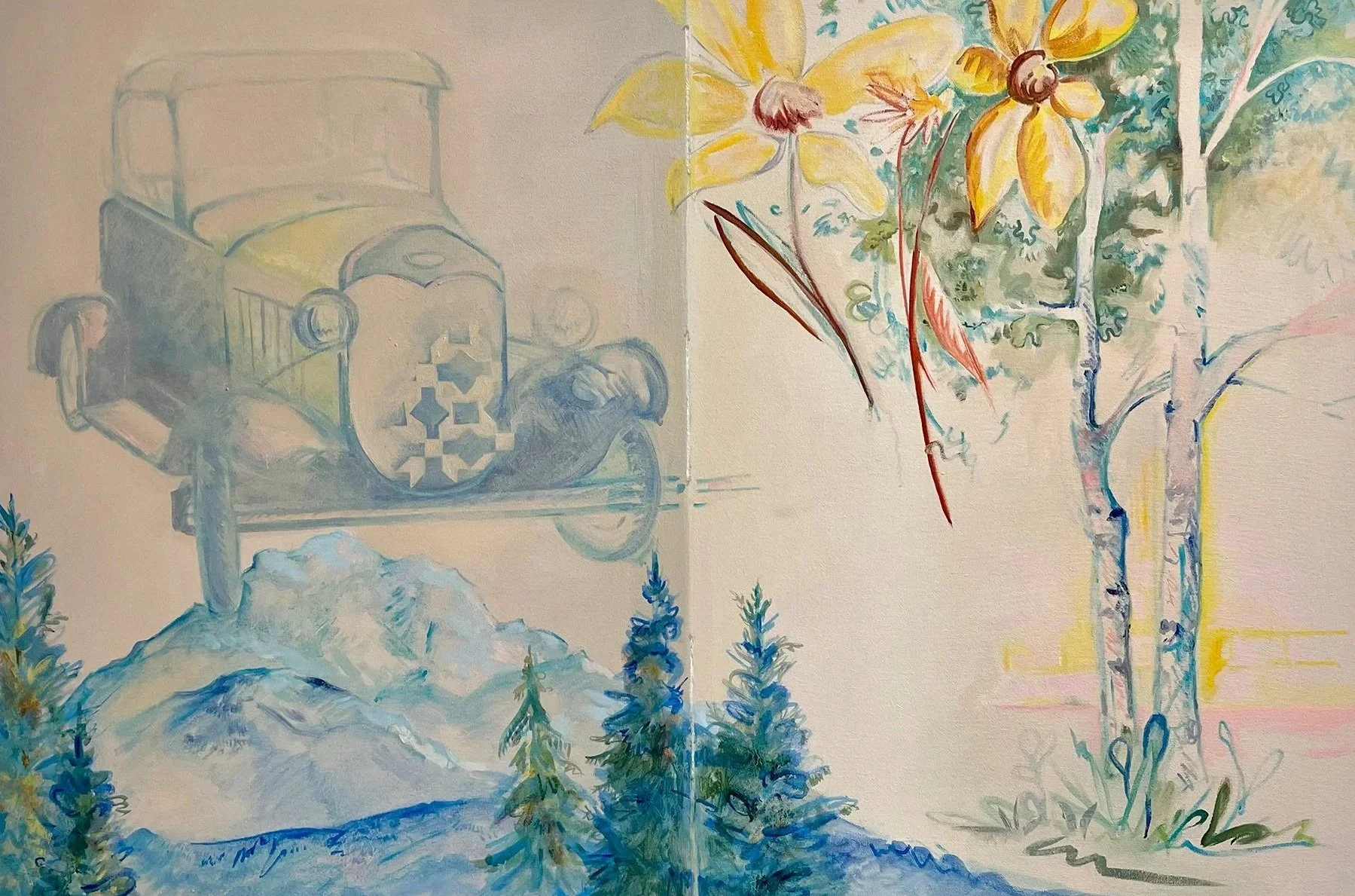 A mural depicting a vintage airplane flying over snow-capped mountains and pine trees on one side, and a colorful tree with yellow flowers and green foliage on the other side.