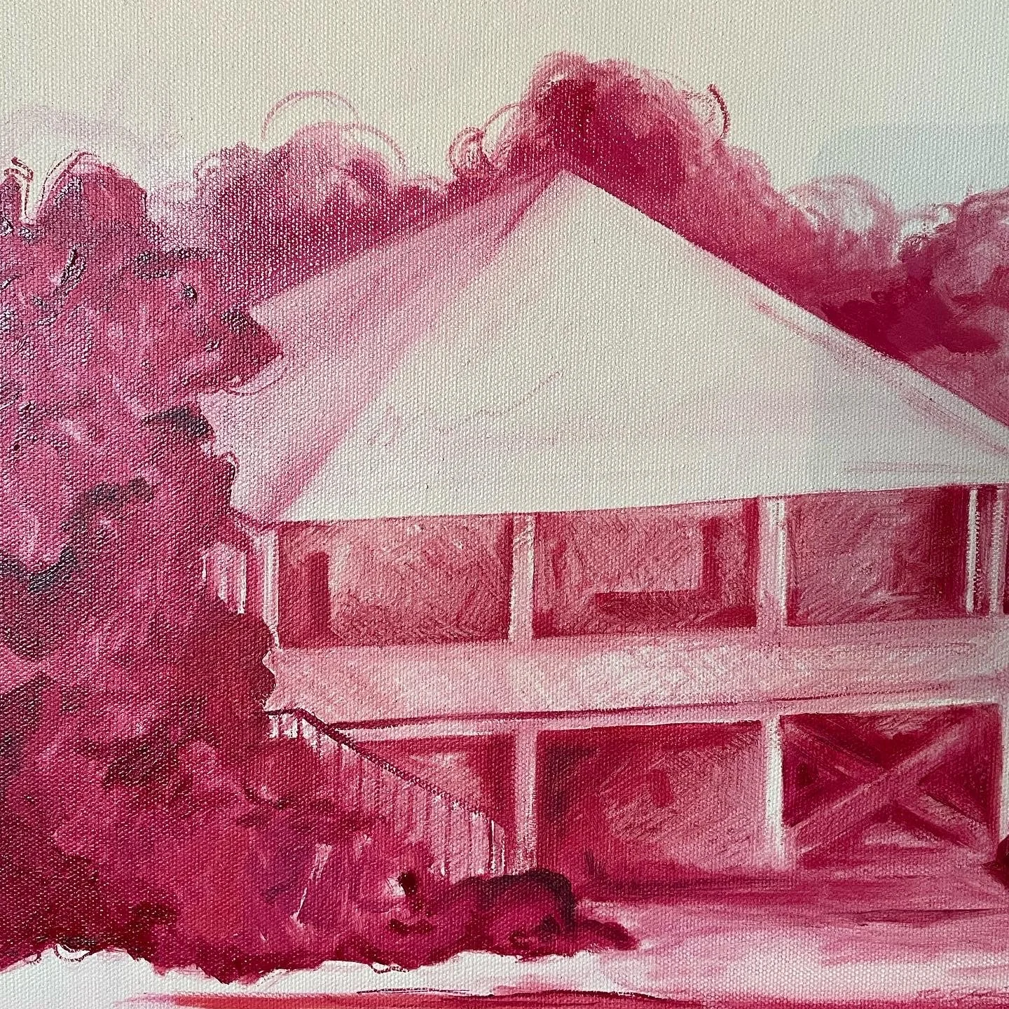 Painting of a two-story house with a sloped roof, surrounded by trees, in shades of red and pink.