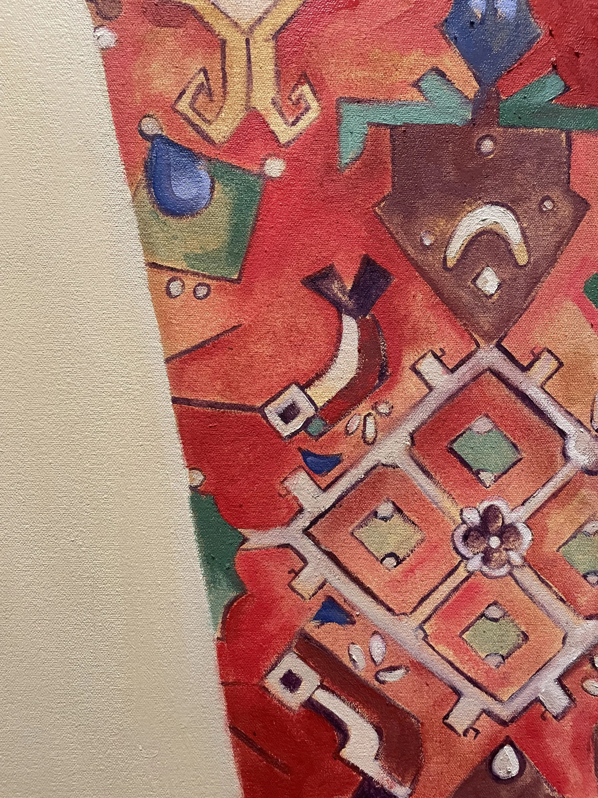 Close-up of a colorful abstract painting or decorative pattern with geometric shapes and vivid colors including red, green, blue, and brown.