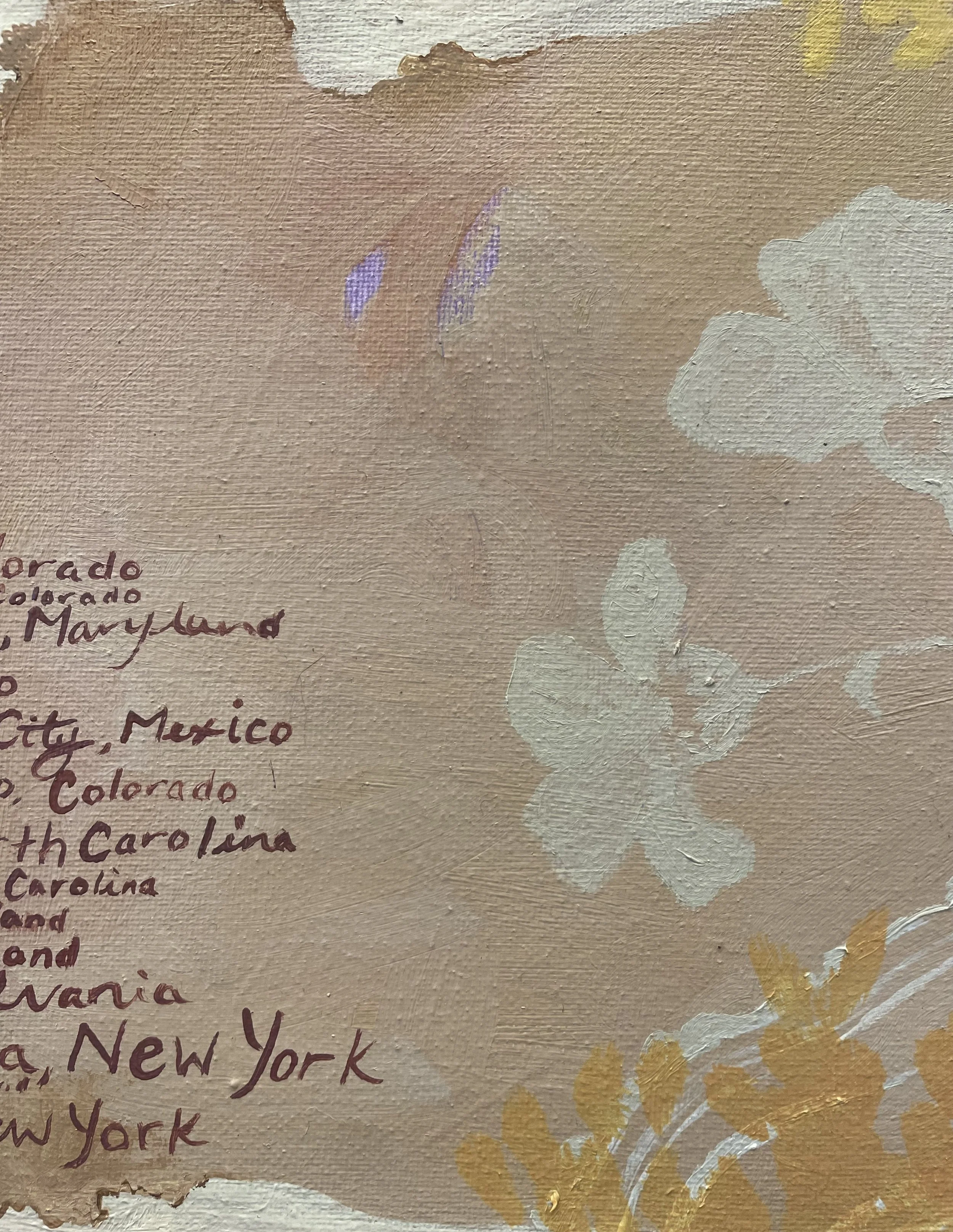 Close-up of a painted artwork showing a list of cities and states, with a background of floral patterns painted in soft pastel colors.