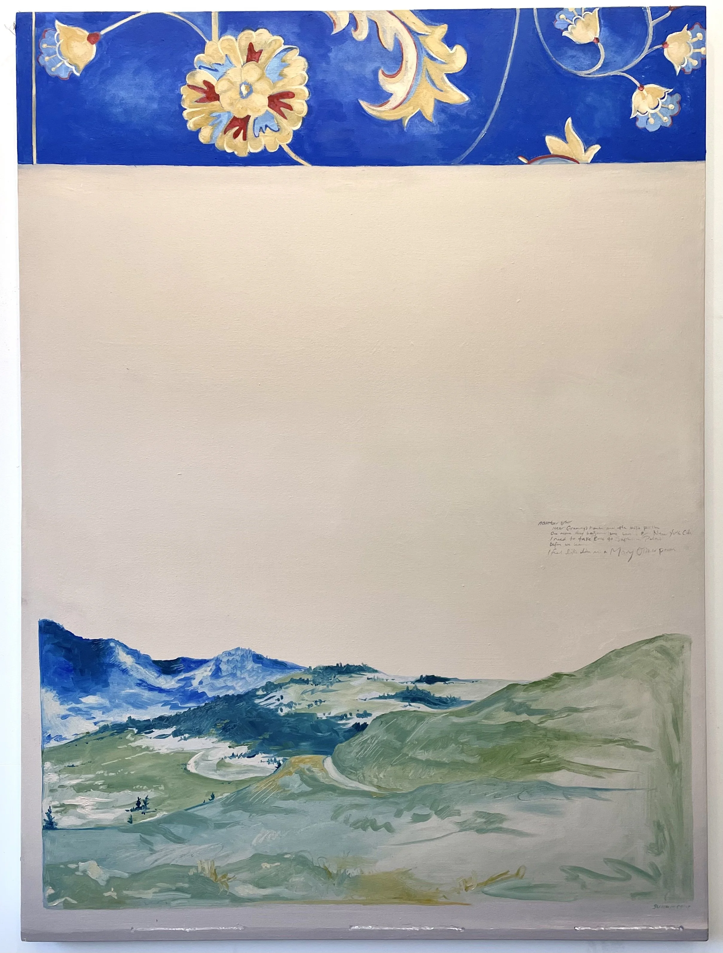 A blank sheet of paper with a painted landscape at the bottom showing green rolling hills and blue mountains. The top border has a floral pattern with cream-colored flowers and gold accents on a blue background.