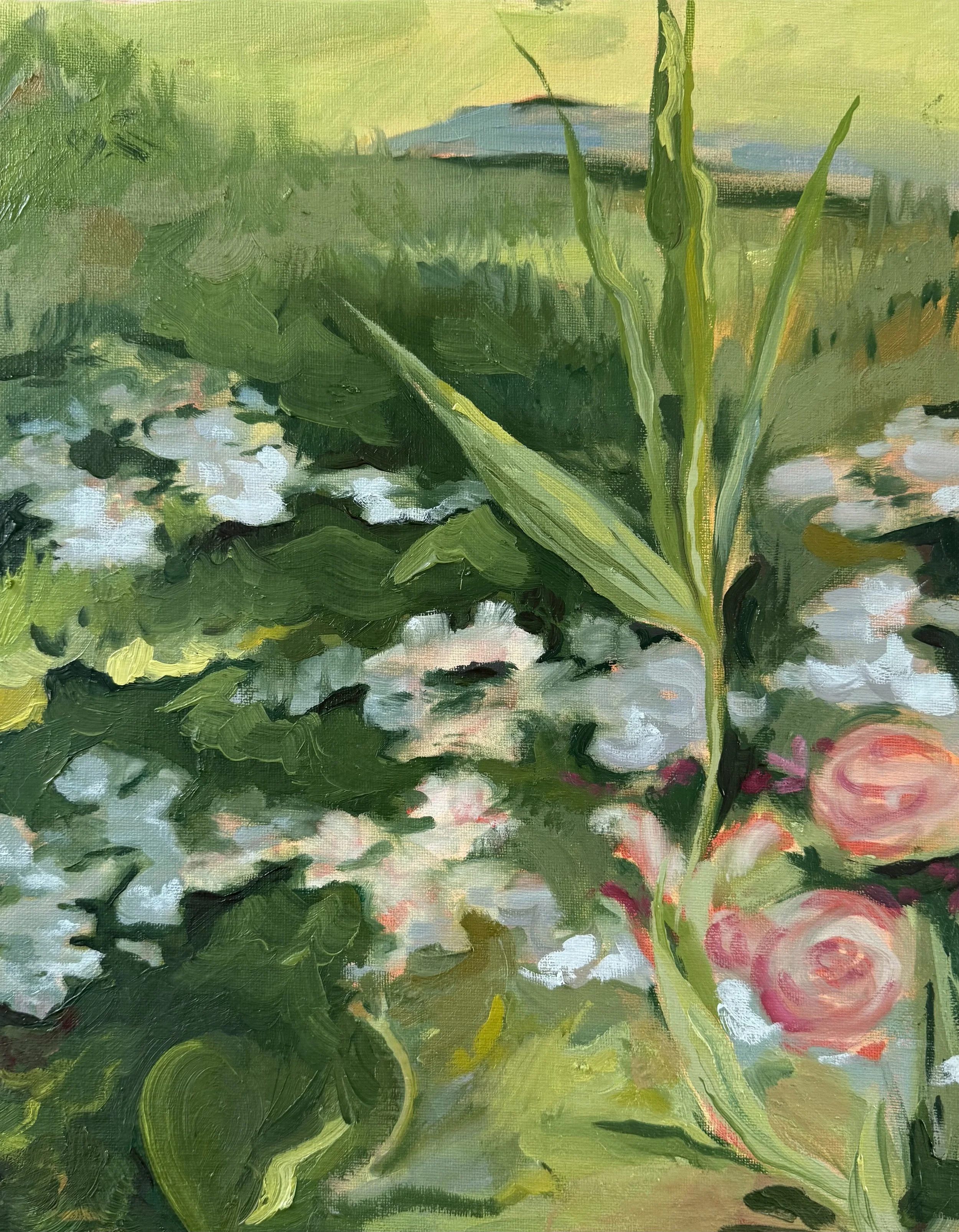 An impressionist style painting of a garden scene with a tall green plant in the center, surrounded by pink roses and white flowers, with a green landscape and blue sky in the background.