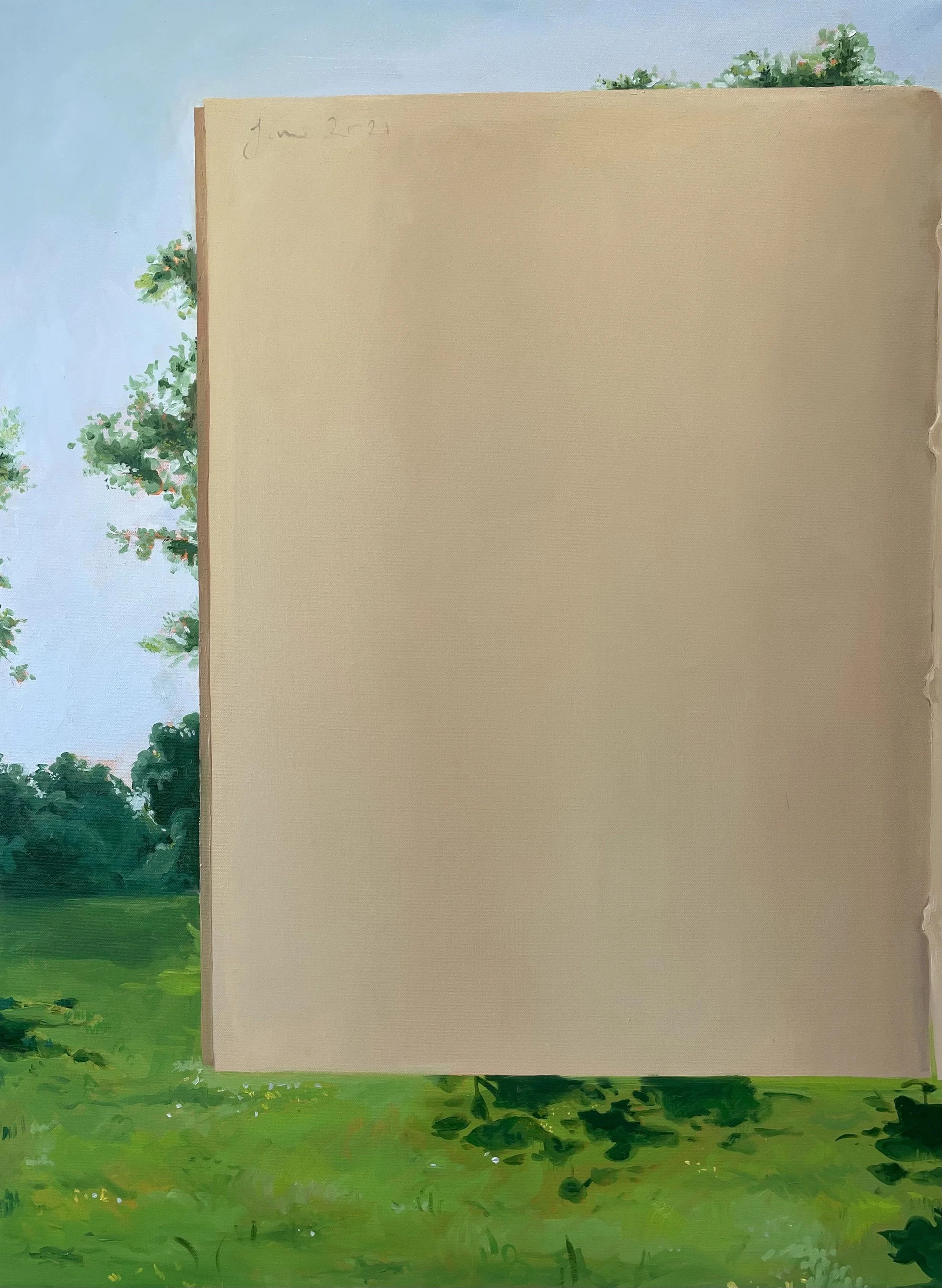 A journal with coffee-colored pages resting on a green grassy field. The journal has a handwritten date, June 2021, in the top left corner. In the background, there are trees and a blue sky.