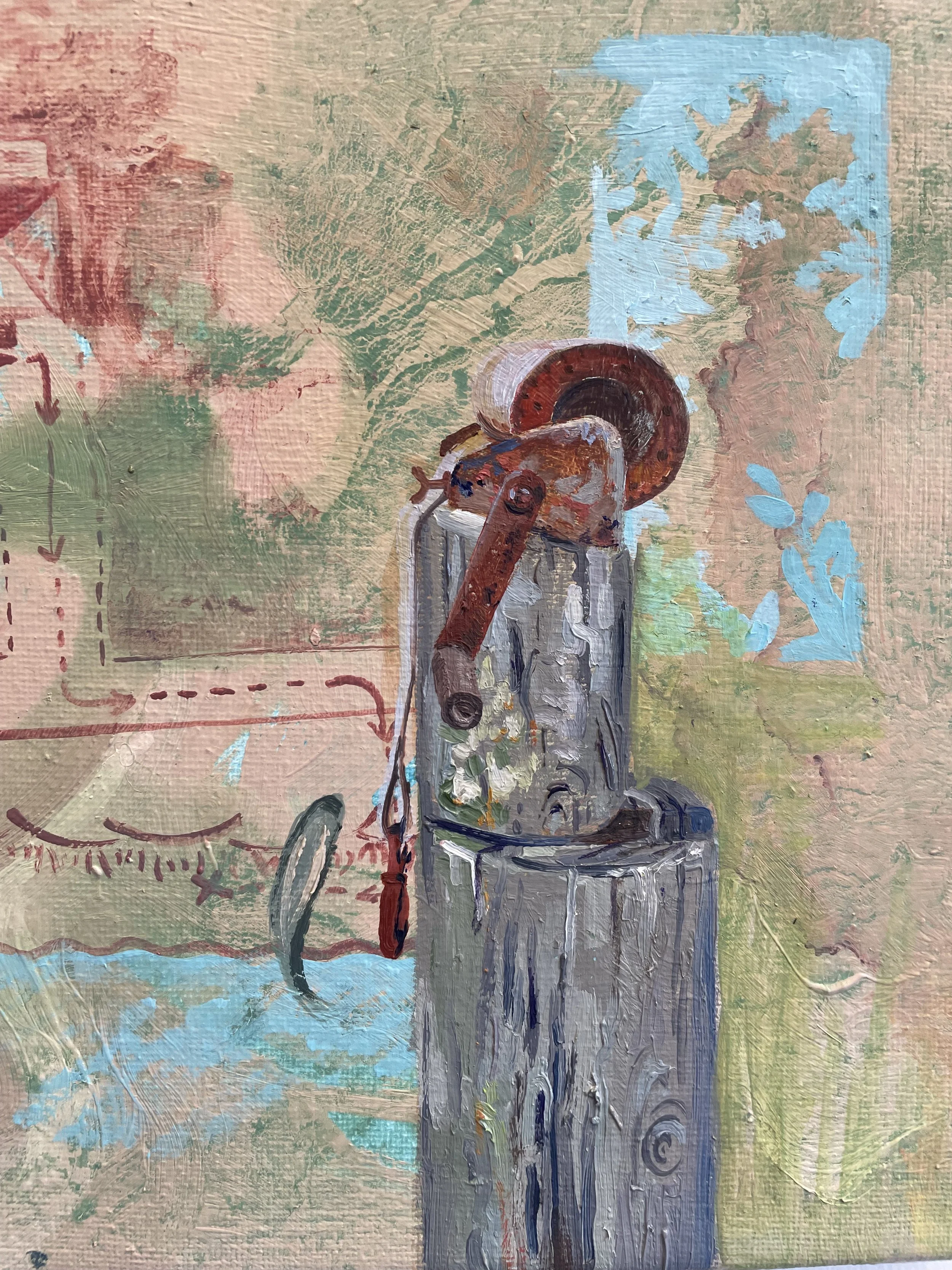An abstract painting of a vintage metal coffee or tea grinder mounted on a wooden stand with a rusted handle, set against a background of pastel-colored abstract shapes and sketches.