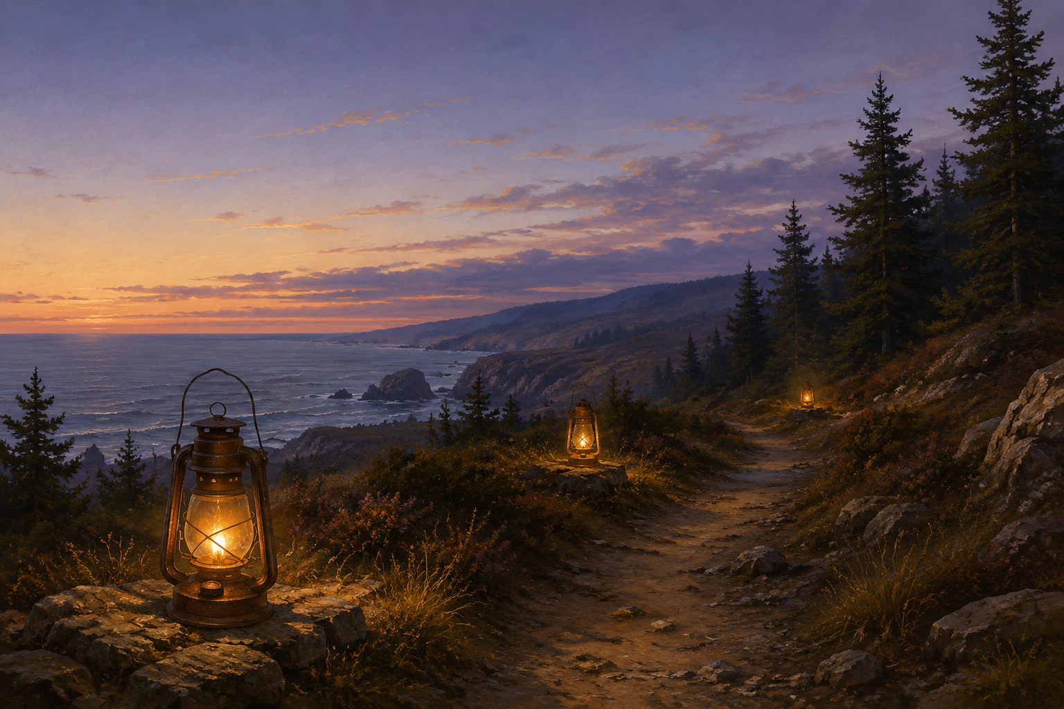 Three glowing lanterns mark a winding trail overlooking the forested Oregon coast at sunset.