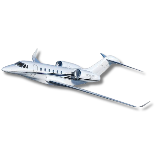 A white private jet with black accents and a red tail, viewed from the front side, flying against a black background.