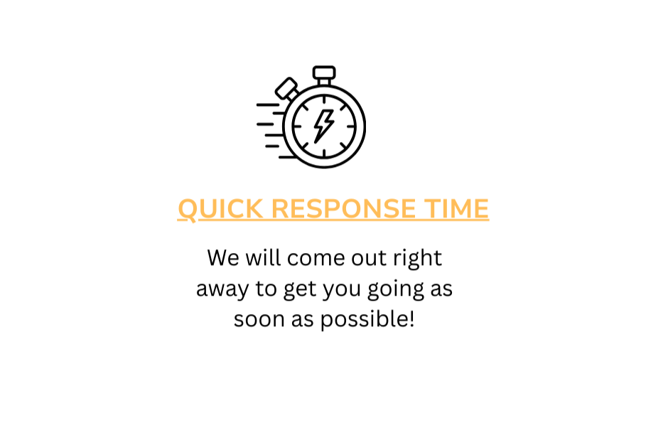A stopwatch icon with motion lines and a lightning bolt inside, above the text 'QUICK RESPONSE TIME'. Below that, the text reads 'We will come out right away to get you going as soon as possible!'