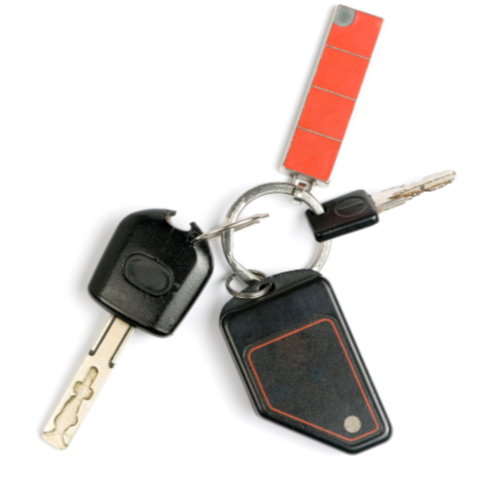 Car key attached to a keyring with a remote, a small black and red device, and an orange and gray tab.