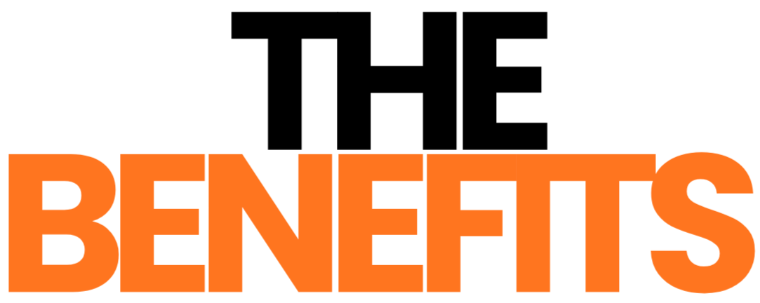 close-up of the word BENEFITS written in bold orange letters on a black background.