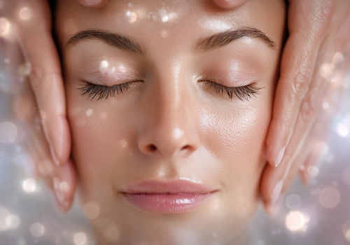 woman with eyes closed and skin glowing