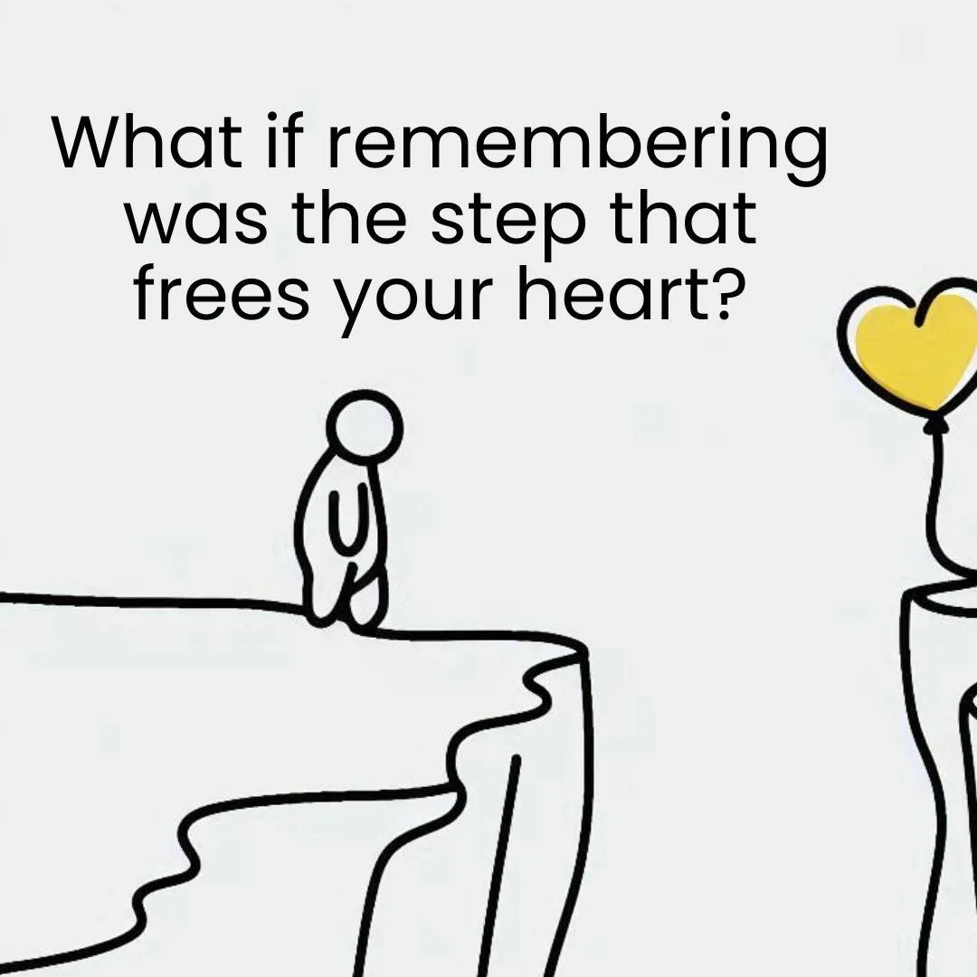 A simple black and white sketch of a person standing at the edge of a cliff, looking towards a heart-shaped balloon floating in the air, with the quote 'What if remembering was the step that frees your heart?'