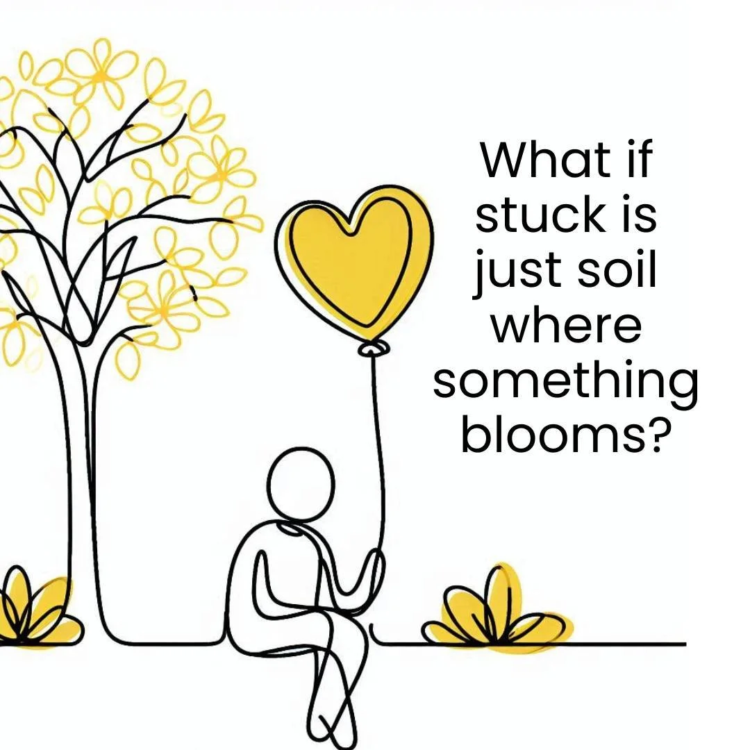 A line drawing of a person sitting under a tree, holding a yellow heart-shaped balloon, with a motivational quote about growth and resilience.