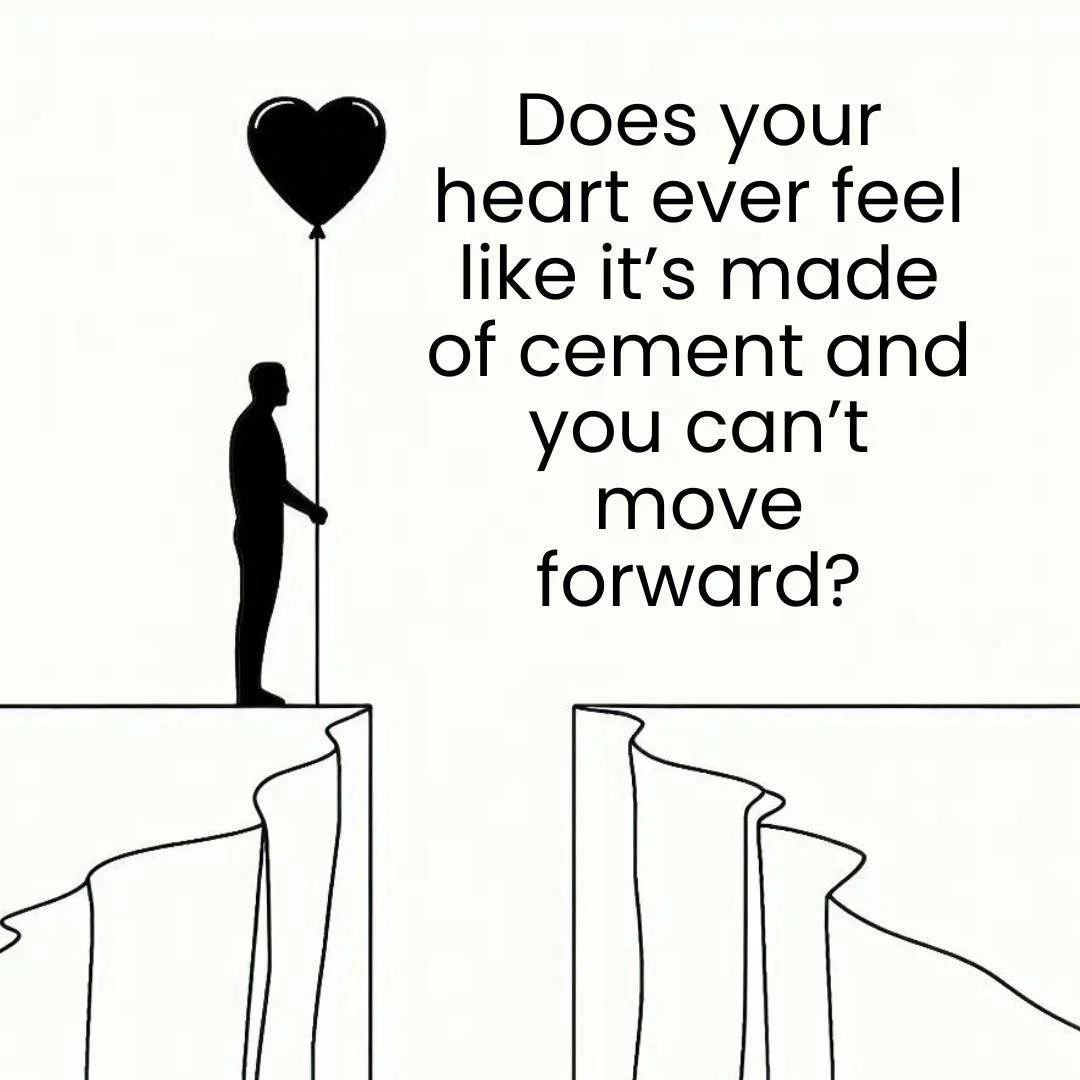 Silhouette of a person holding a heart-shaped balloon at the edge of a cliff with a gap, accompanied by a quote about feelings and progress.