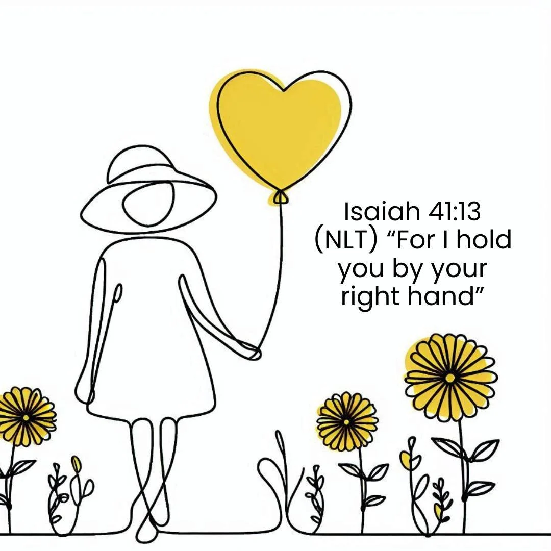 A line drawing of a woman in a wide-brimmed hat holding a yellow heart-shaped balloon, standing among yellow flowers, with a Bible verse from Isaiah 41:13 about God's support.