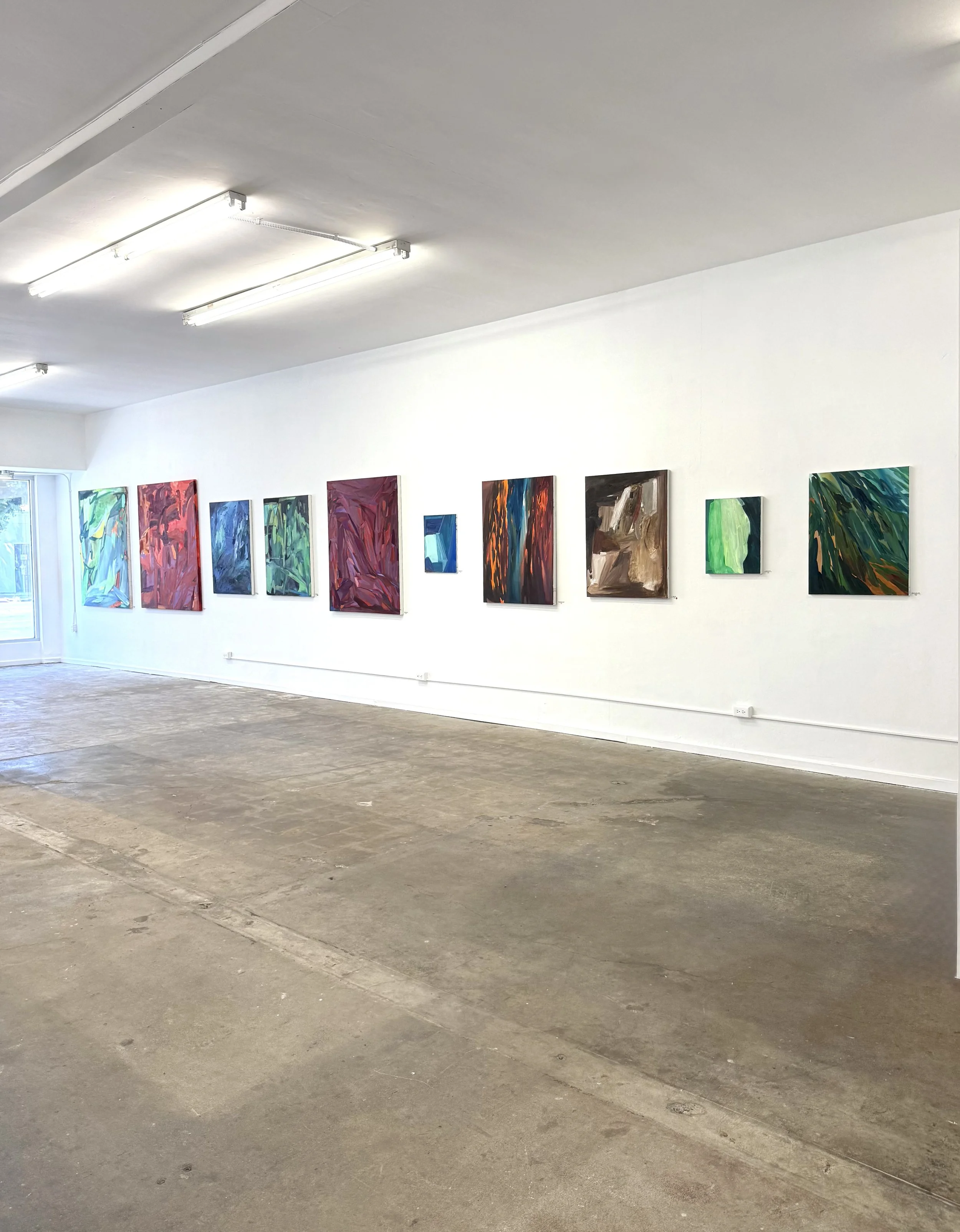 Art gallery with abstract paintings in various colors hanging on a white wall, fluorescent ceiling lights, and a concrete floor.
