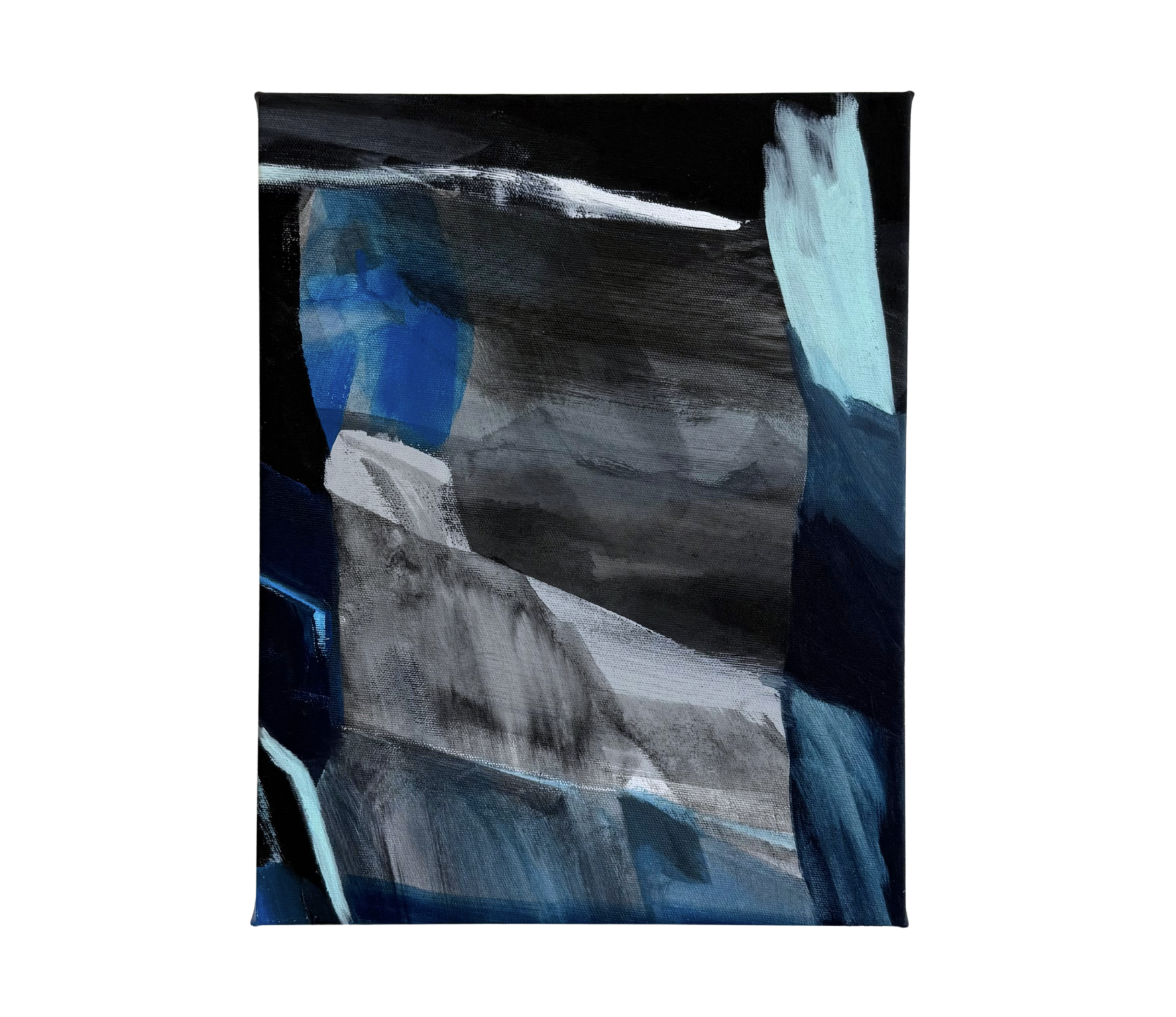 Abstract painting with black, gray, blue, and teal brushstrokes.