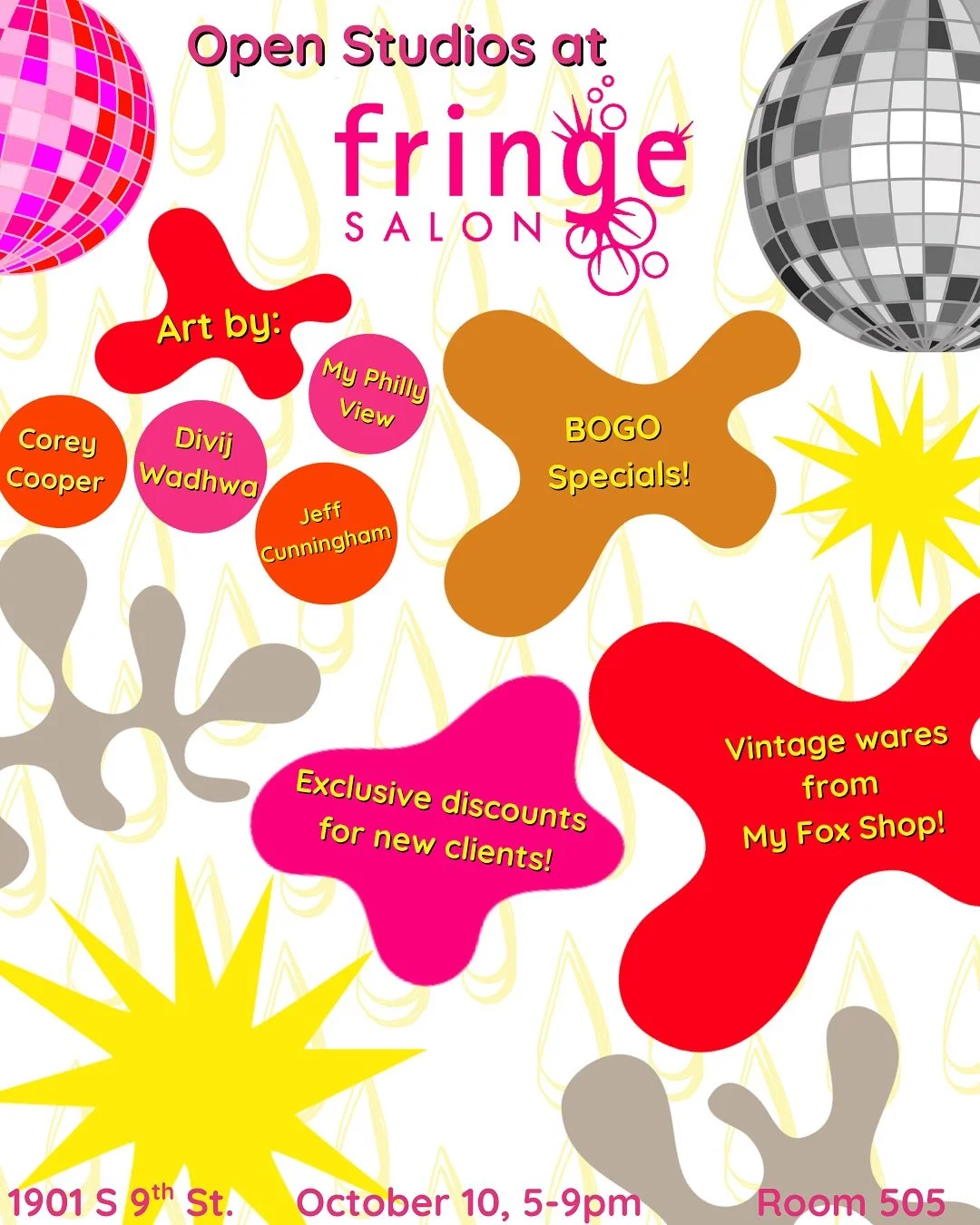 Come stop by Fringe this Friday for Open Studios! There will be art &amp; vintage for sale and we will have exclusive offers for new clients who book appointments during Open Studios! We hope you stop by 💫🪩🌟