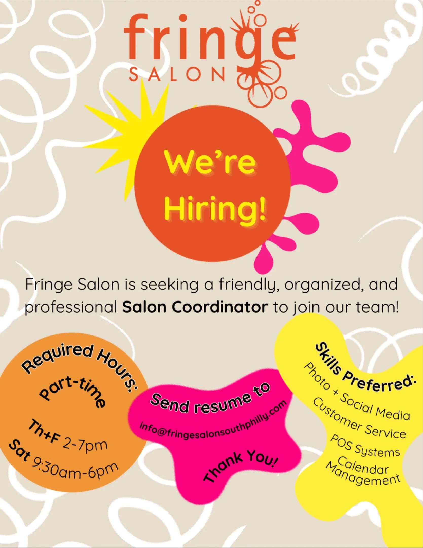 We are hiring a Part-time Salon Coordinator! Please send us your resume if you think you&rsquo;d be a good fit ☺️ Feel free to share with friends as well. Send resumes to info@fringesalonsouthphilly.com 📝 

We look forward to hearing from you 🌟