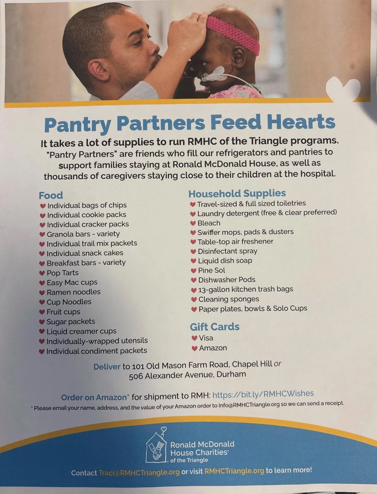 We are giving back to Ronald McDonald House Charities by collecting pantry donations at Hesed Bodywork. Each week, we&rsquo;ll deliver items to the RMHC locations in Raleigh/Durham to support families going through the same challenges we once faced.
