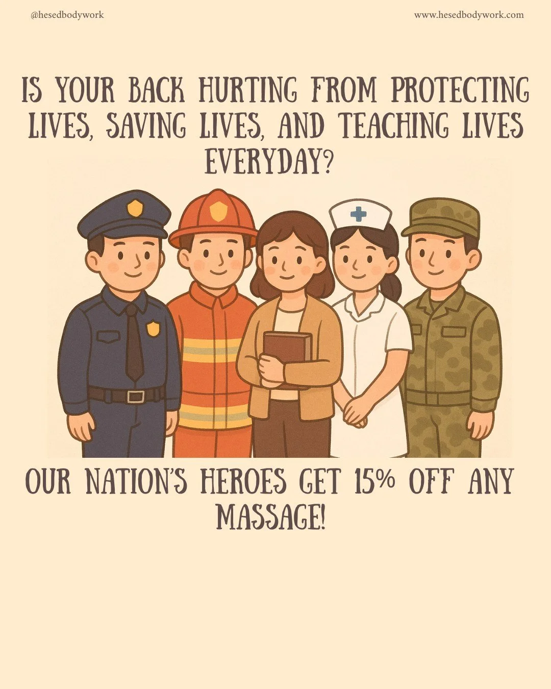 Our nation's heroes will always receive a 15% discount on services from Hesed!
