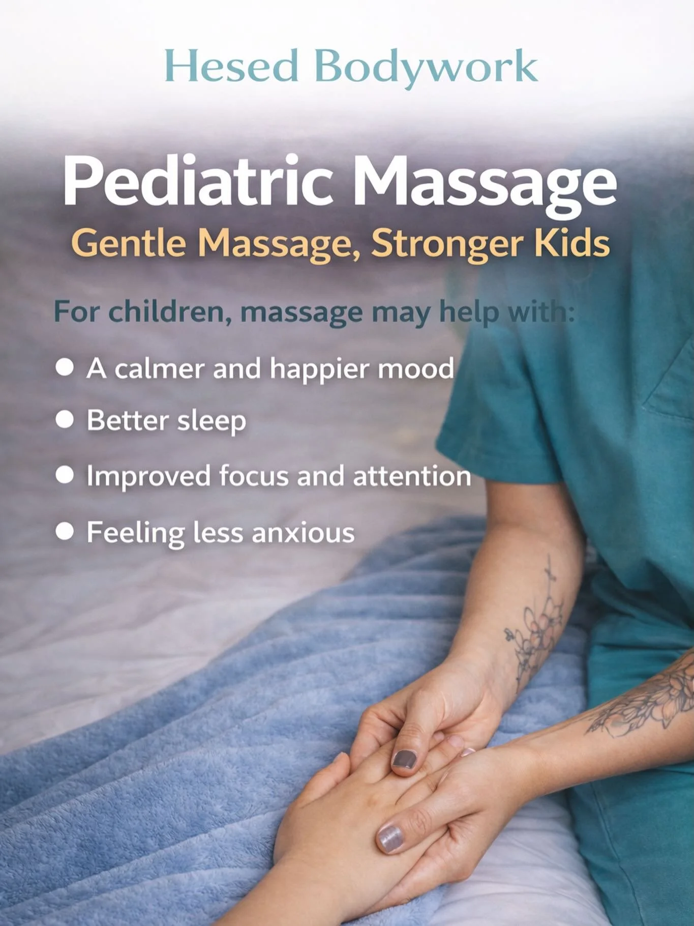 Our pediatric sessions are gentle, age-appropriate, and always consent-based, designed to support your child&rsquo;s overall well-being in a calm, nurturing environment.

👐 Pediatric massage may help with:
&bull; Promoting relaxation
&bull; Supporti