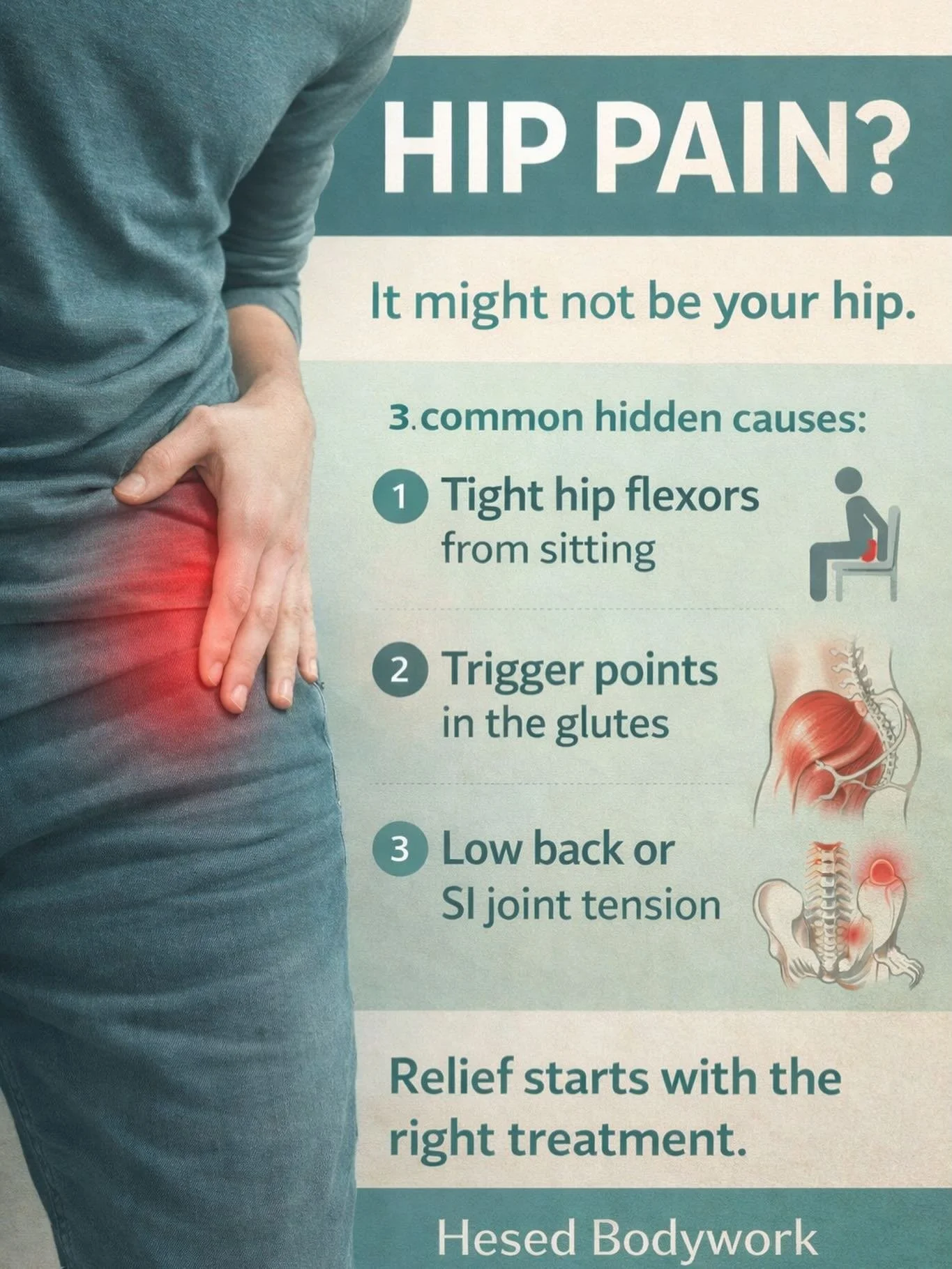 Many people think their hip pain comes from the joint itself&hellip;
But most of the time, the problem starts in the muscles around it.

At Hesed Bodywork, we often find:
&bull; Tight hip flexors from long hours of sitting or driving
&bull; Overworke