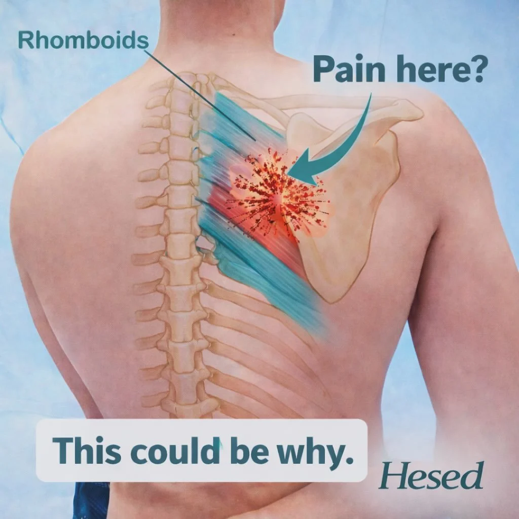 This type of discomfort usually comes from the rhomboids, levator scapulae, or upper trapezius, muscles that support your neck, shoulders, and posture all day. When they get overworked or irritated, they can develop tight bands or trigger points that