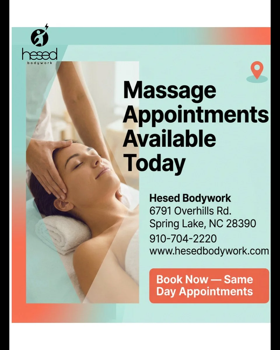 Same-day appointments available! Visit us today and unwind in comfort. Located conveniently for your ease. 
#MassageTherapy #SpringLakeNC #CameronNC #SanfordNC #PainRelief