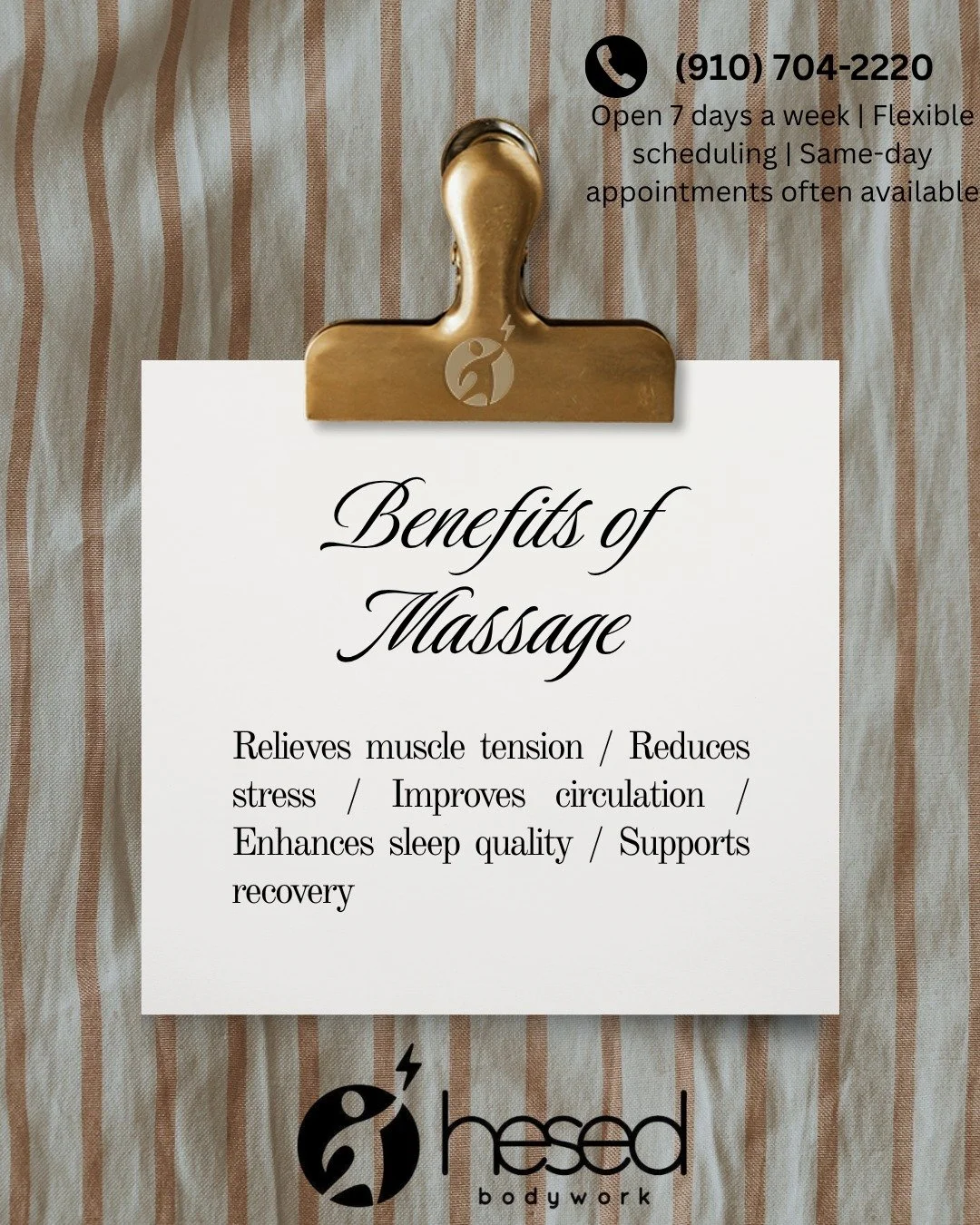 ✨ Feel better. Move better. Live better. ✨

At Hesed Bodywork, we&rsquo;re proud to serve the Spring Lake community with personalized massage therapy and chiropractic-inspired bodywork focused on pain relief, recovery, and total wellness 💆&zwj;♀️💪
