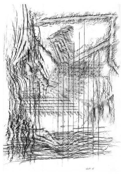 Sketch of a wooded landscape with trees, a river, and mountains in the background.