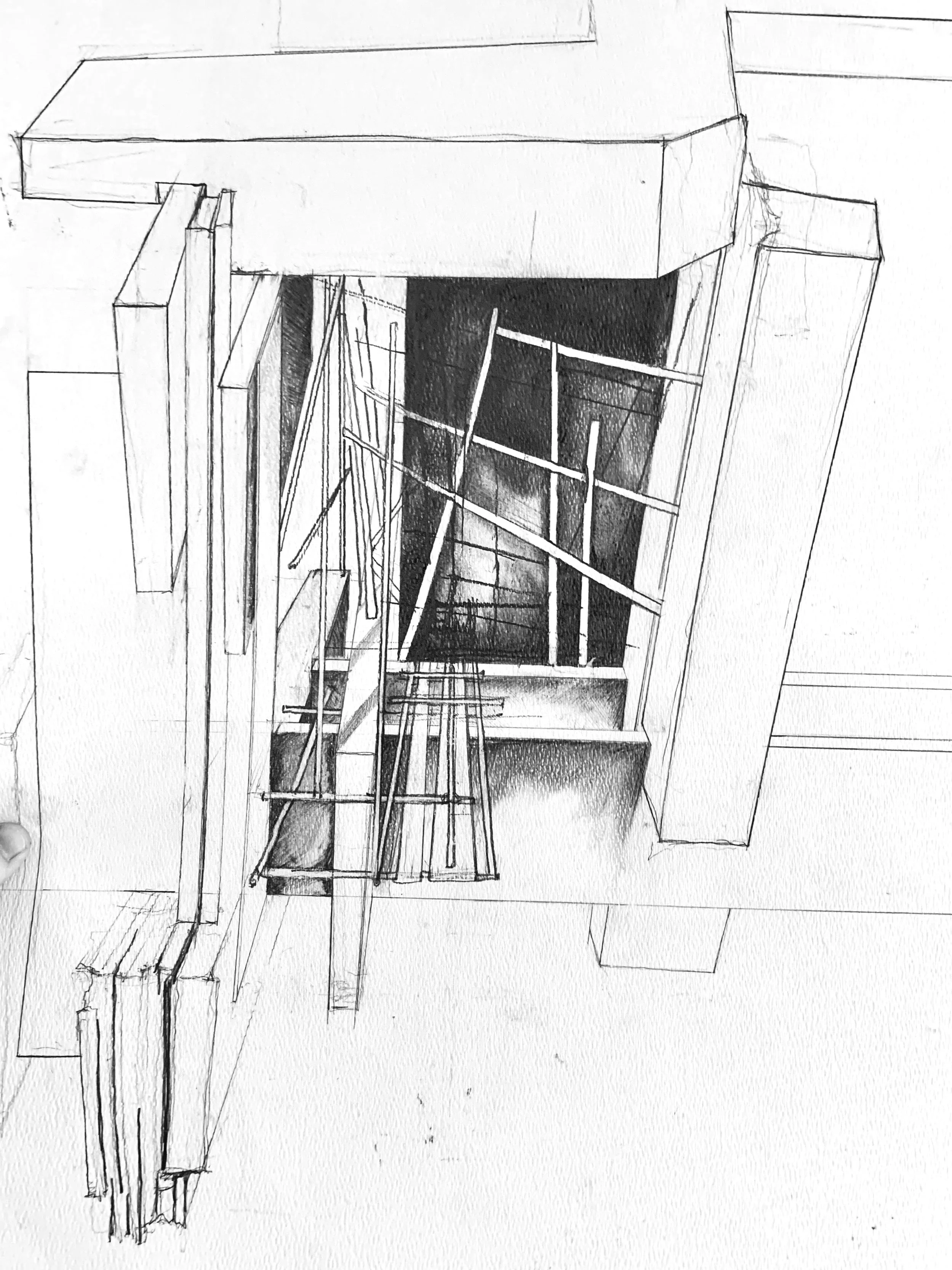 A sketch of a construction site with scaffolding and framing structures for a building.