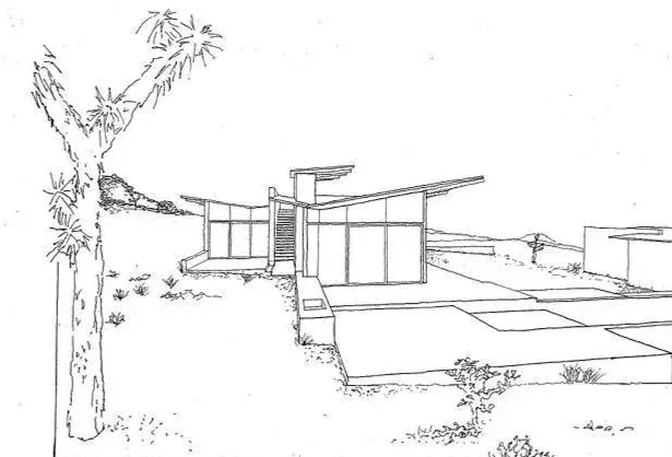 Sketch of a modern house with large glass windows, a flat roof extending outward, surrounded by a landscaped yard with pathways and plants, and a large tree in the foreground.