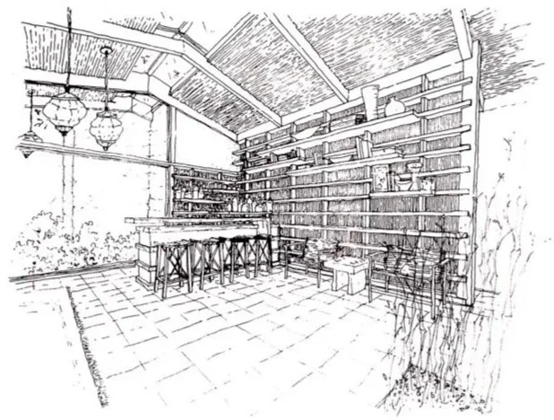 Sketch of a cozy indoor space with a bar, wooden shelves on the wall, a counter with three hanging lanterns, and seating area with chairs and small tables.